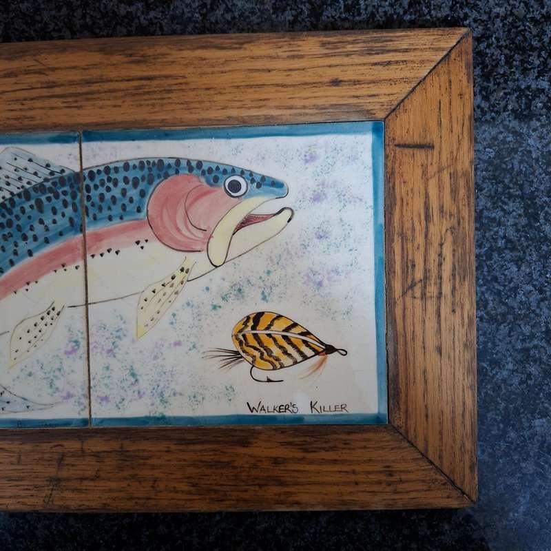 2 painted tile pictures - rainbow trout and flies set in oak frames