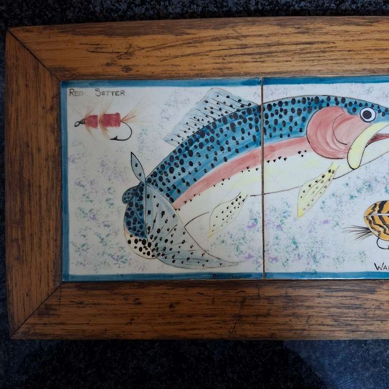 2 painted tile pictures - rainbow trout and flies set in oak frames