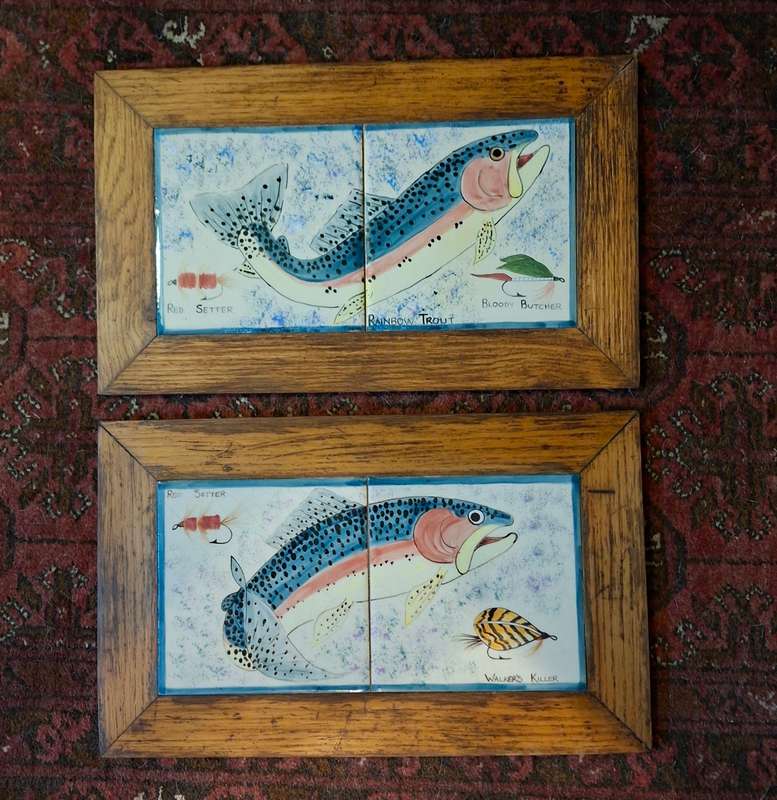 2 painted tile pictures - rainbow trout and flies set in oak frames