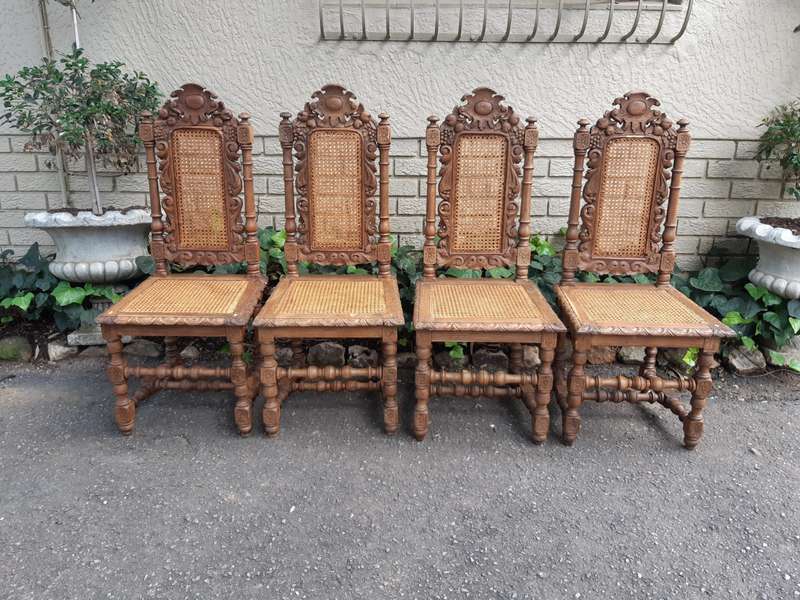 Set Of 4 Ornate Carved Bleached / Natural Wood Chairs