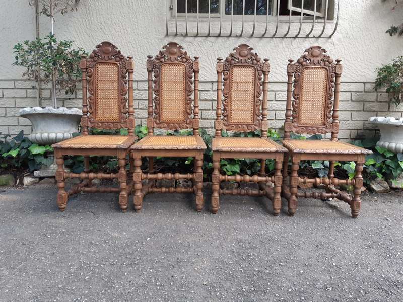 Set Of 4 Ornate Carved Bleached / Natural Wood Chairs