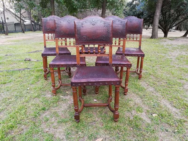 Set Of 6 French Embossed Walnut Leather Chairs