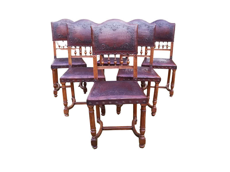 Set Of 6 French Embossed Walnut Leather Chairs