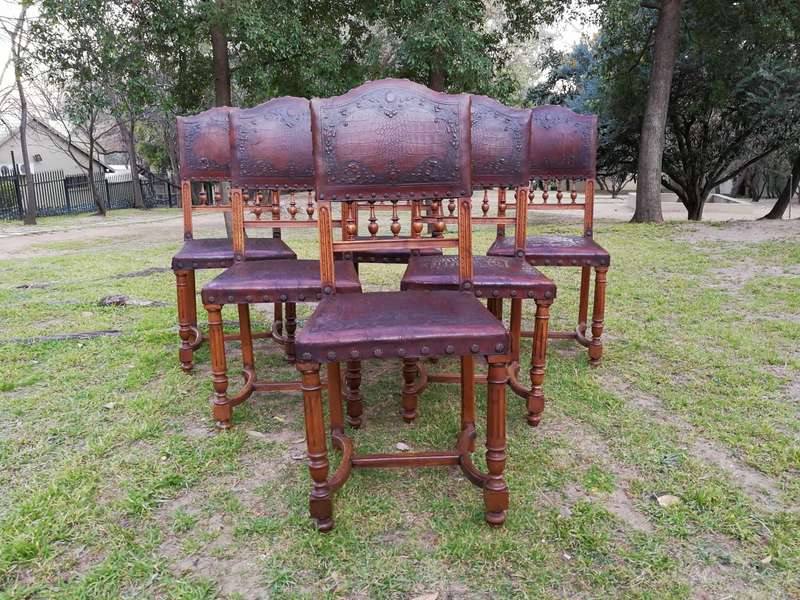 Set Of 6 French Embossed Walnut Leather Chairs