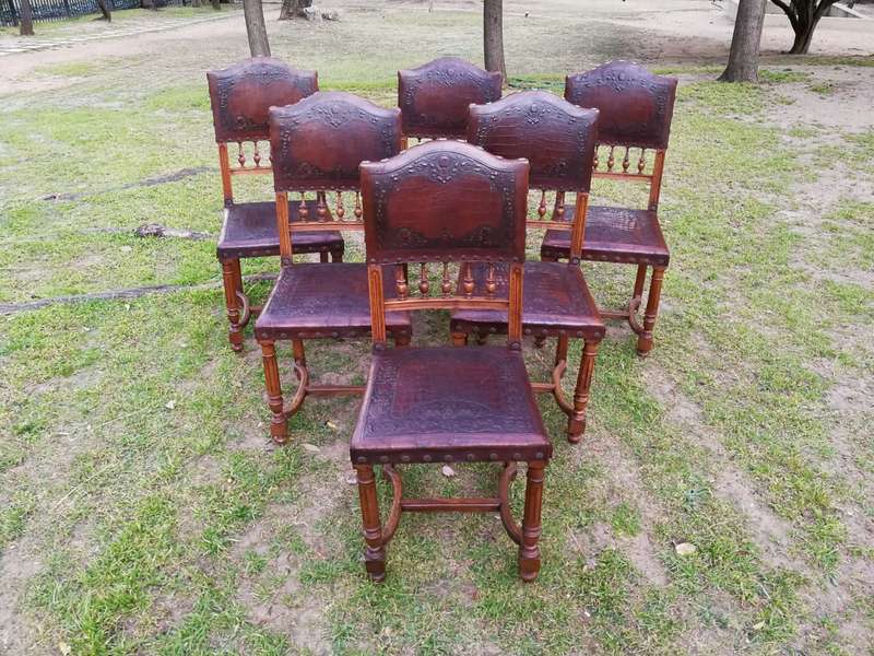 Set Of 6 French Embossed Walnut Leather Chairs