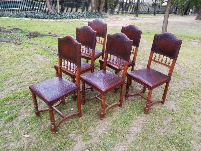 Set Of 6 French Embossed Walnut Leather Chairs