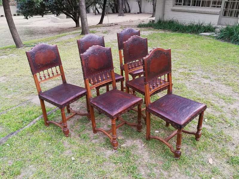 Set Of 6 French Embossed Walnut Leather Chairs
