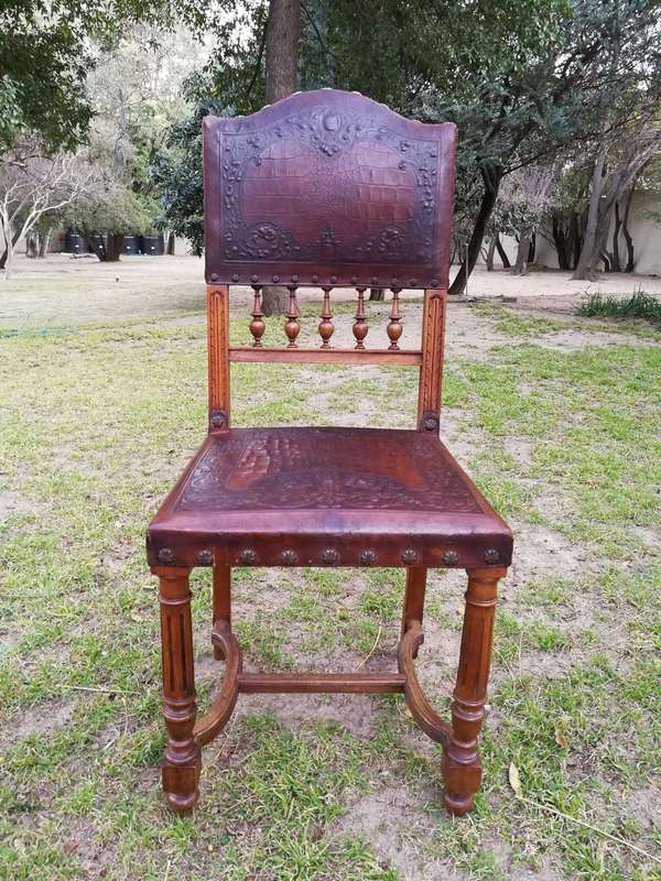 Set Of 6 French Embossed Walnut Leather Chairs