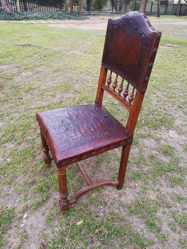 Set Of 6 French Embossed Walnut Leather Chairs