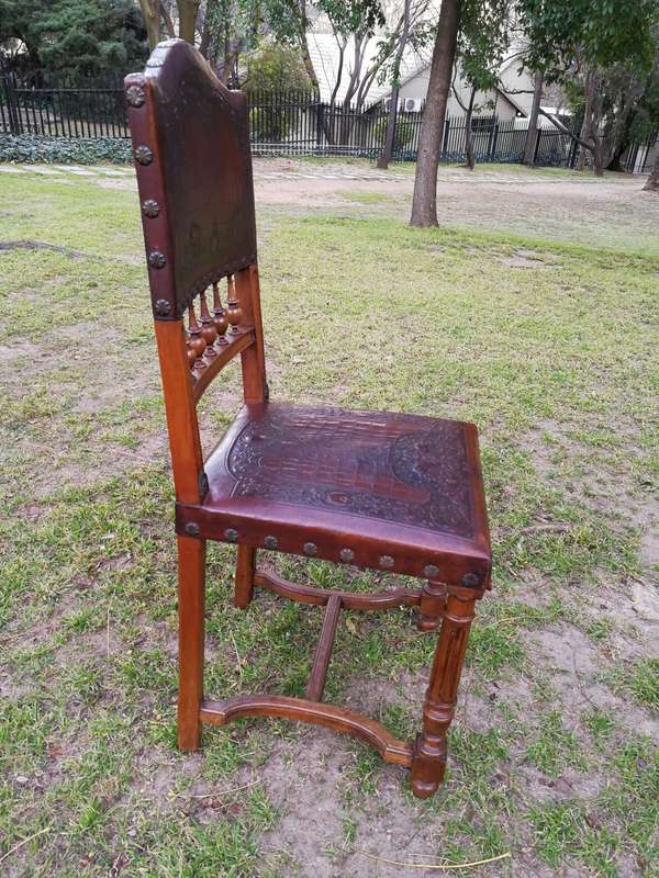 Set Of 6 French Embossed Walnut Leather Chairs
