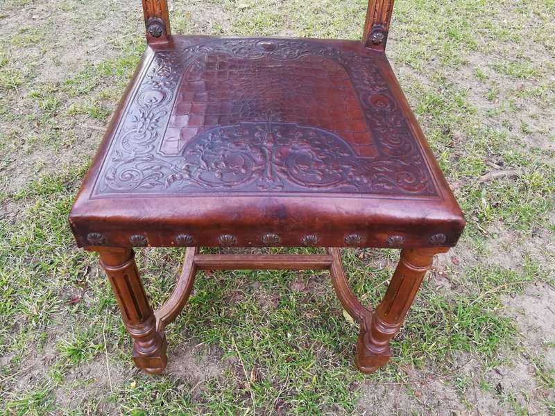 Set Of 6 French Embossed Walnut Leather Chairs