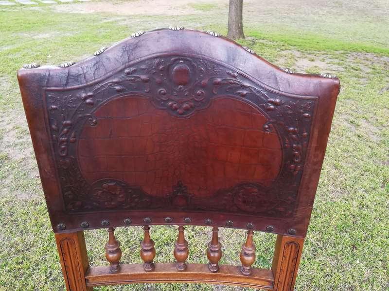 Set Of 6 French Embossed Walnut Leather Chairs