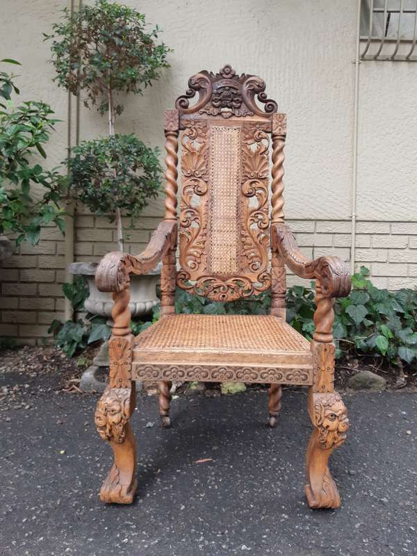 Late 19th Century Continental Carved Bleached / Natural Oak Arm Chair with Rattan