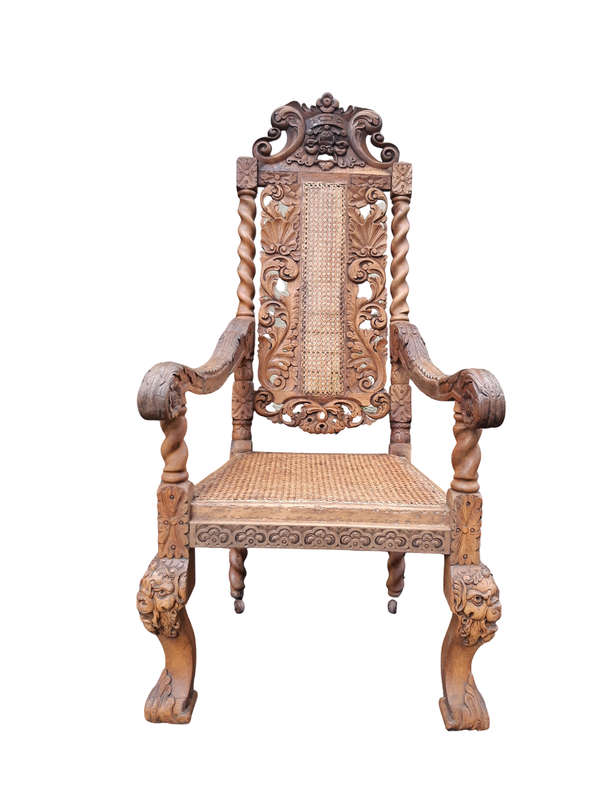 Late 19th Century Continental Carved Bleached / Natural Oak Arm Chair with Rattan