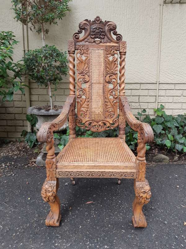 Late 19th Century Continental Carved Bleached / Natural Oak Arm Chair with Rattan