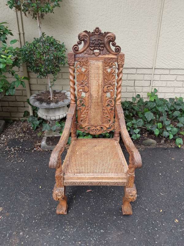 Late 19th Century Continental Carved Bleached / Natural Oak Arm Chair with Rattan