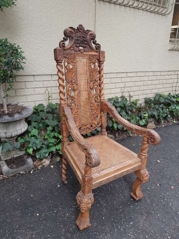 Late 19th Century Continental Carved Bleached / Natural Oak Arm Chair with Rattan