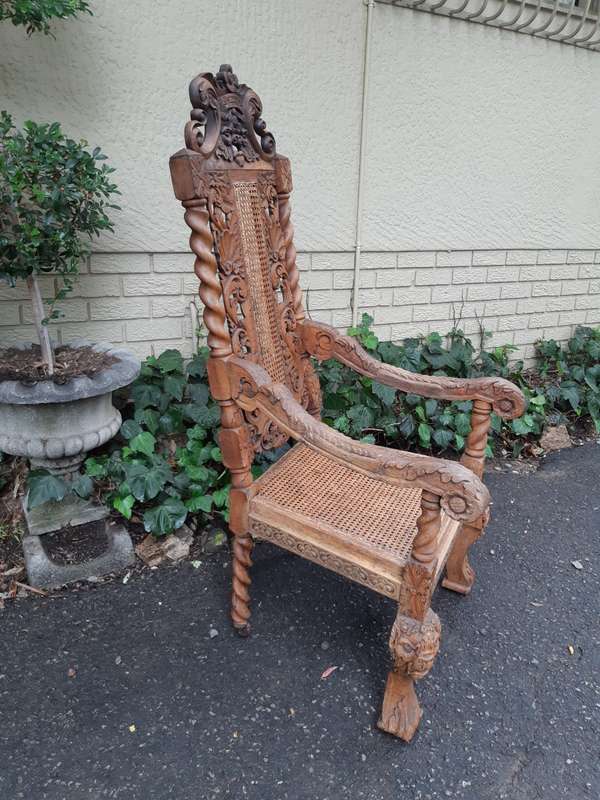 Late 19th Century Continental Carved Bleached / Natural Oak Arm Chair with Rattan