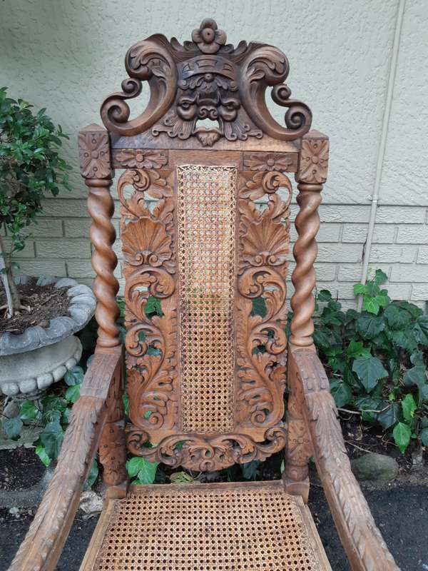Late 19th Century Continental Carved Bleached / Natural Oak Arm Chair with Rattan