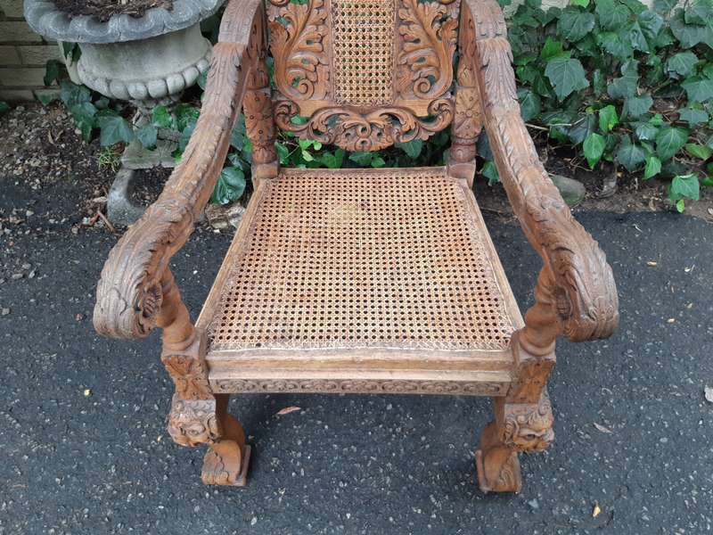 Late 19th Century Continental Carved Bleached / Natural Oak Arm Chair with Rattan