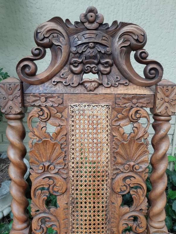 Late 19th Century Continental Carved Bleached / Natural Oak Arm Chair with Rattan