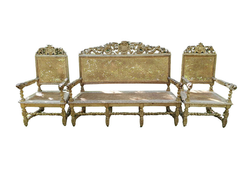 A Victorian Oak Wood Carved Set Comprising of a Settee and Two Armchairs  In a Contemporary Bleac...