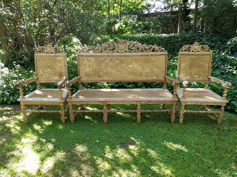 A Victorian Oak Wood Carved Set Comprising of a Settee and Two Armchairs  In a Contemporary Bleac...