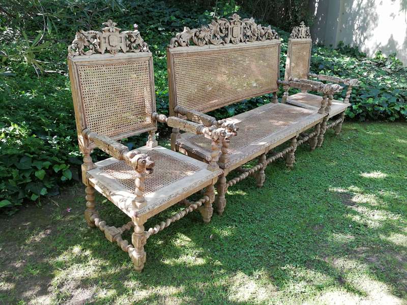 A Victorian Oak Wood Carved Set Comprising of a Settee and Two Armchairs  In a Contemporary Bleac...