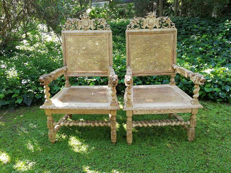 A Victorian Oak Wood Carved Set Comprising of a Settee and Two Armchairs  In a Contemporary Bleac...