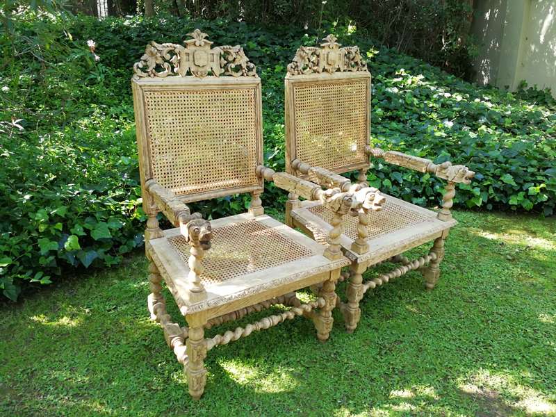 A Victorian Oak Wood Carved Set Comprising of a Settee and Two Armchairs  In a Contemporary Bleac...