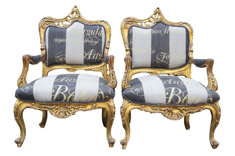A Pair of 20th Century Circa 1940s French Style Carved and Gilded Armchairs upholtered in a Cu...