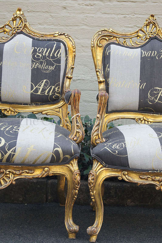 A Pair of 20th Century Circa 1940s French Style Carved and Gilded Armchairs upholtered in a Cu...