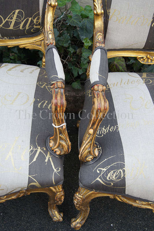 A Pair of 20th Century Circa 1940s French Style Carved and Gilded Armchairs upholtered in a Cu...