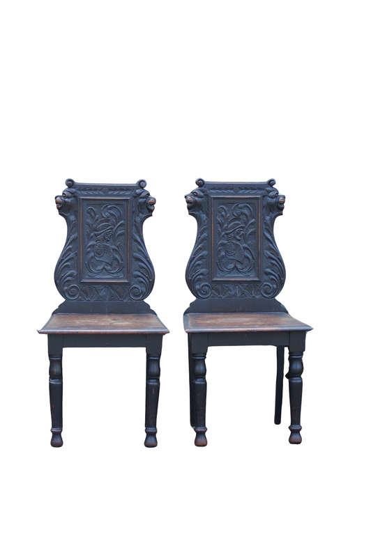 Pair Victorian Oak Hall Chairs