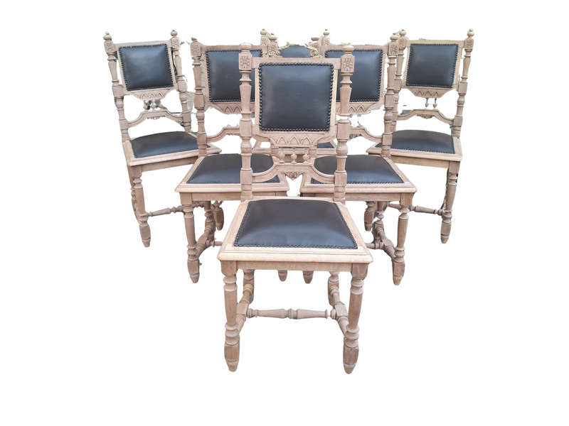 A 20th Century Set of Six of Carved Walnut Dining Chairs Upholstered in Leather and in a Contempo...