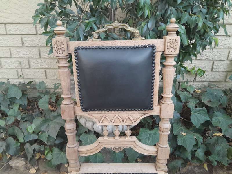 A 20th Century Set of Six of Carved Walnut Dining Chairs Upholstered in Leather and in a Contempo...