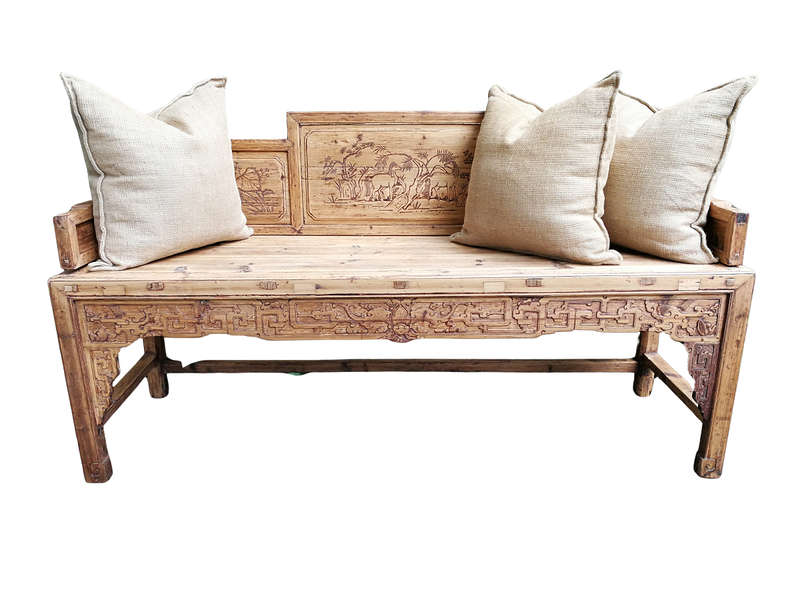 A 19th Century Chinese Hand- Carved Elmwood Bench / Daybed / Settee In a Contemporary Bleached Na...