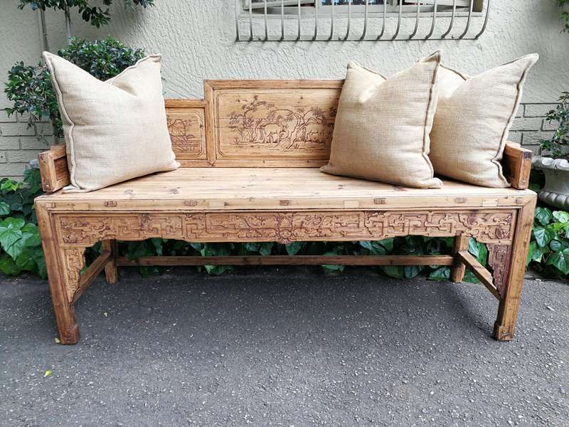 A 19th Century Chinese Hand- Carved Elmwood Bench/Daybed/Settee In a Contemporary Bleached Natura...