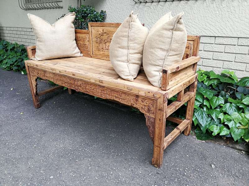 A 19th Century Chinese Hand- Carved Elmwood Bench/Daybed/Settee In a Contemporary Bleached Natura...