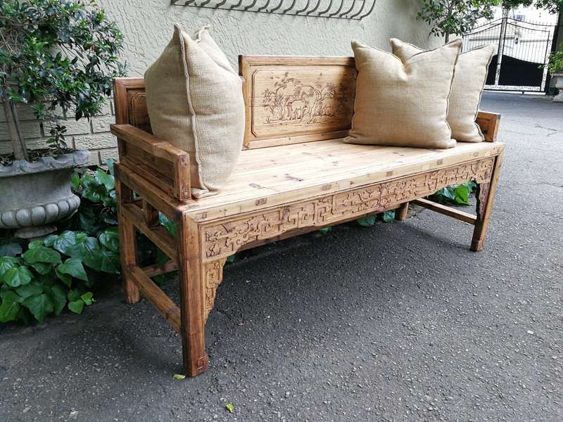 A 19th Century Chinese Hand- Carved Elmwood Bench/Daybed/Settee In a Contemporary Bleached Natura...