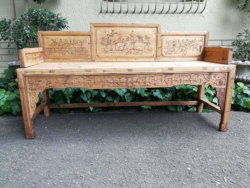 A 19th Century Chinese Hand- Carved Elmwood Bench/Daybed/Settee In a Contemporary Bleached Natura...