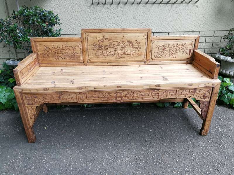 A 19th Century Chinese Hand- Carved Elmwood Bench/Daybed/Settee In a Contemporary Bleached Natura...