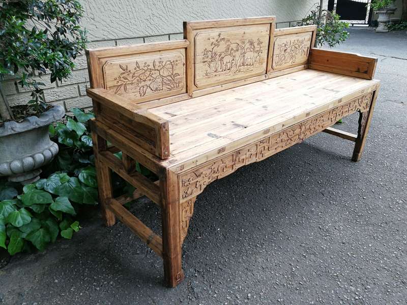 A 19th Century Chinese Hand- Carved Elmwood Bench/Daybed/Settee In a Contemporary Bleached Natura...