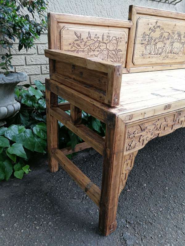 A 19th Century Chinese Hand- Carved Elmwood Bench/Daybed/Settee In a Contemporary Bleached Natura...