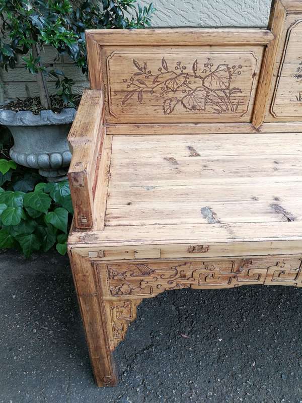 A 19th Century Chinese Hand- Carved Elmwood Bench/Daybed/Settee In a Contemporary Bleached Natura...
