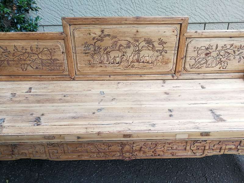 A 19th Century Chinese Hand- Carved Elmwood Bench/Daybed/Settee In a Contemporary Bleached Natura...