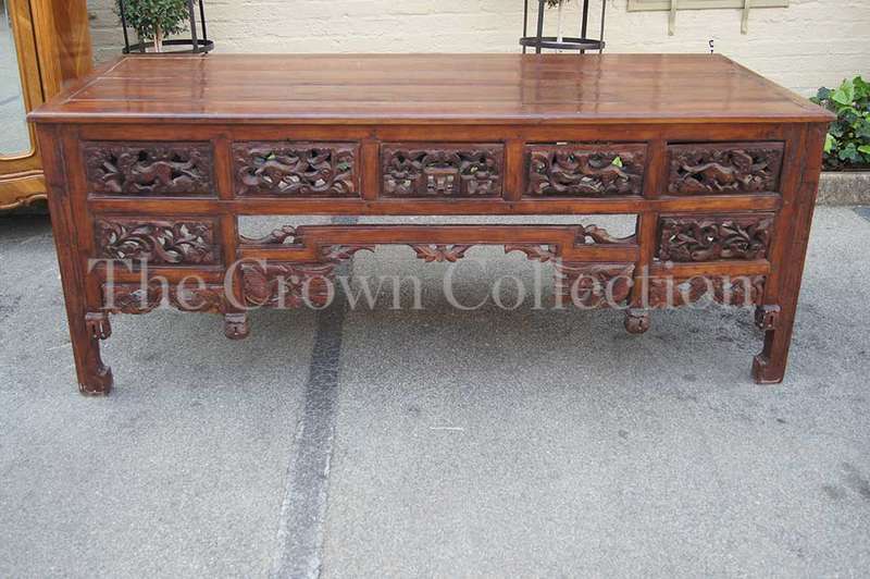 Late 19th / Early 20th Century Carved Chinese Elm Wood 2 Drawer Table of Large Proportions, circa...