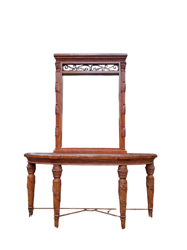 A 20th Century Set of Carved Wooden Console Table with Matching Mirror