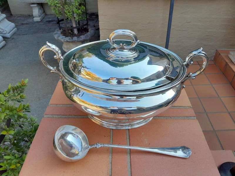 A 20th Century English  Electroplate Soup Tureen with Handles and Cover and Matching Ladle  Elk...