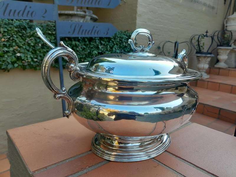 A 20th Century English  Electroplate Soup Tureen with Handles and Cover and Matching Ladle  Elk...